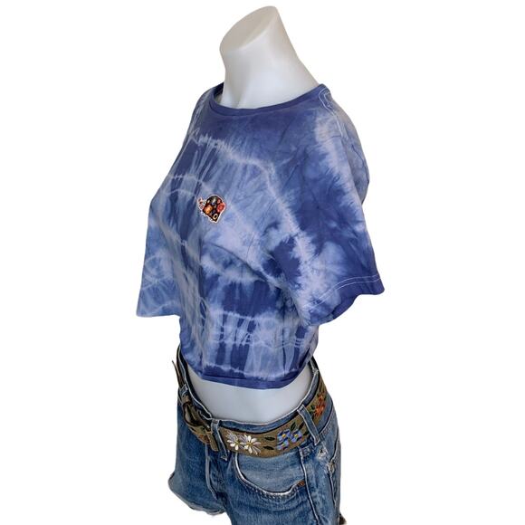 Tie Dye Crop Top Tee T-shirt Blue SMALL Hedgehog Upcycled One of Kind Unique - Picture 3 of 8
